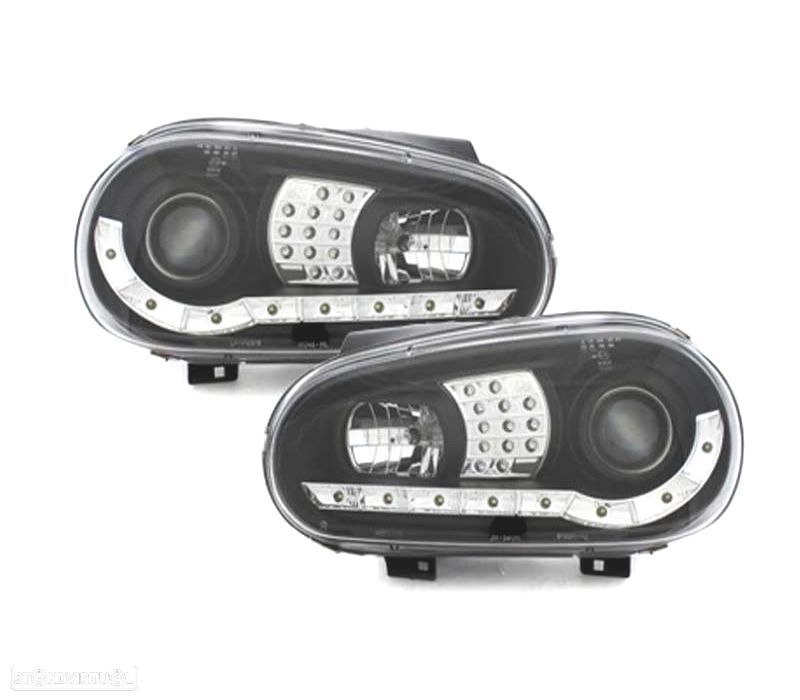 FARÓIS COM LUZ DIURNA LED VOLKSWAGEN VW GOLF 4 FUNDO PRETO + CROMADO - 3