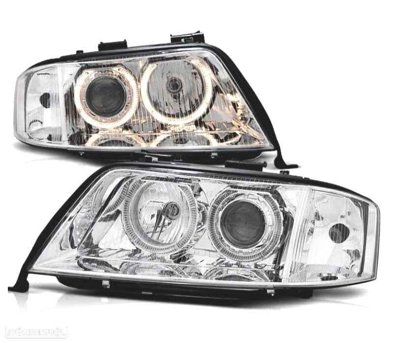FARÓIS XENON AUDI A6 4B 97-01 ANGEL EYES FUNDO CROMADO - 1