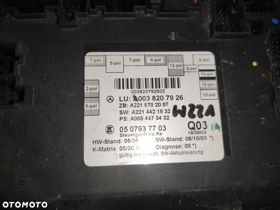 MERCEDES S-KLASA W221 STEROWNIK MODUŁ DRZWI PRAWY PRZÓD 0038207926 ORYGINAŁ - 7