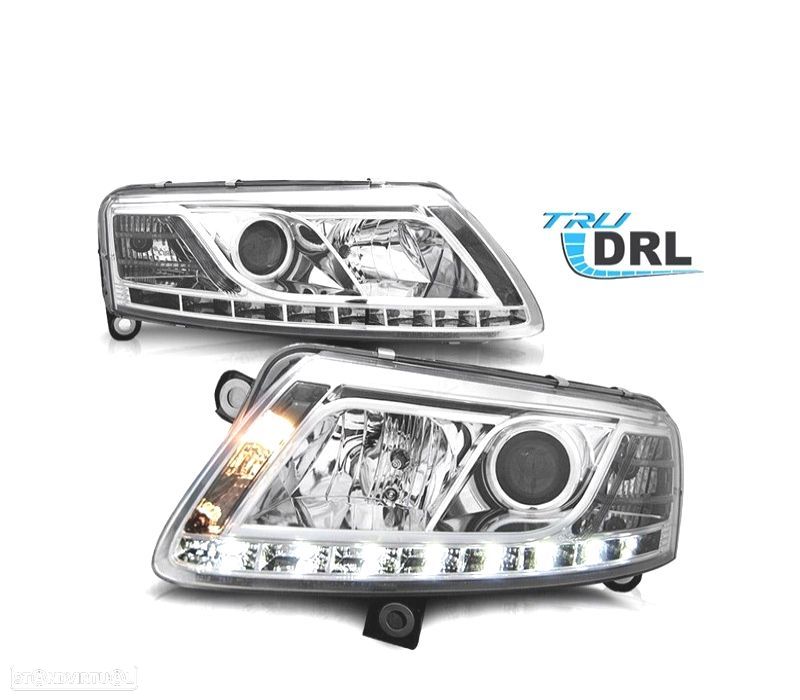 FARÓIS AUDI A6 4F 04-08 LUZ DIURNA REAL FUNDO CROMADO - 1