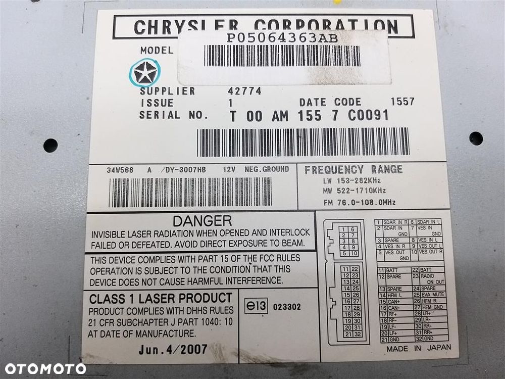 Radio FABRYCZNE CD Dodge Caliber 2006-2011R T00AM1557C0091 P05064363AB - 5