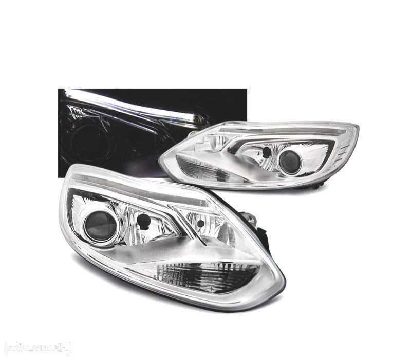 FARÓIS FRONTAIS FORD FOCUS MK3 11-14 TUBE LIGHT FUNDO CROMADO - 1