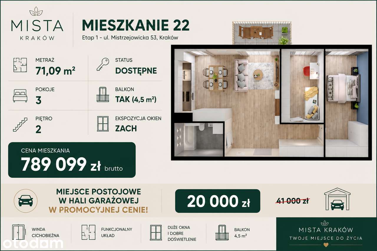3 pokoje | 71,09 m² | Miejsce postojowe tylko 20 000 zł