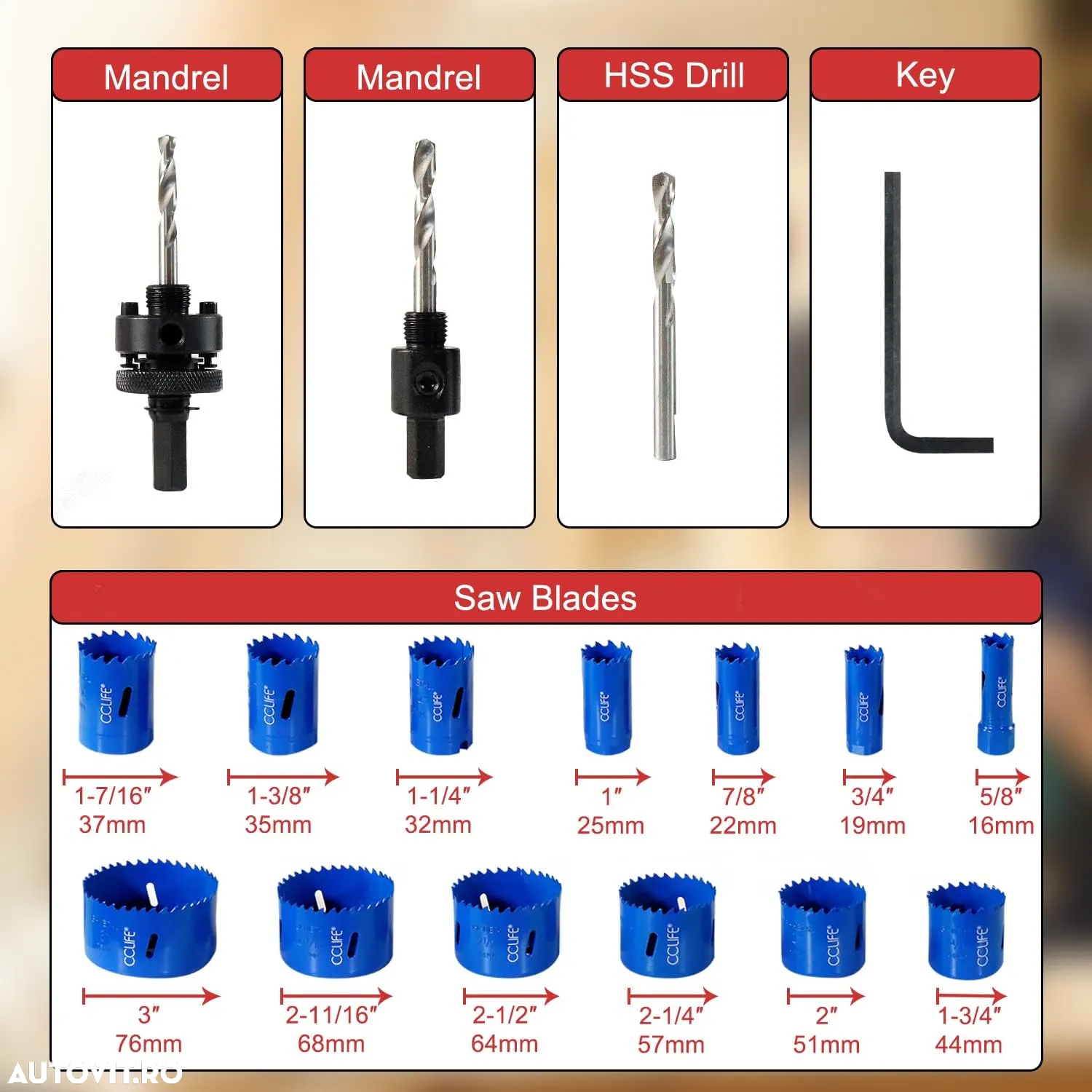 Trusa carote bi-metal M3 HSS-CO, pentru găurirea oțelului inoxidabil, metal ușor, lemn, PVC, plastic etc., 16-76mm adâncime de tăiere 38mm, 18 piese - 2
