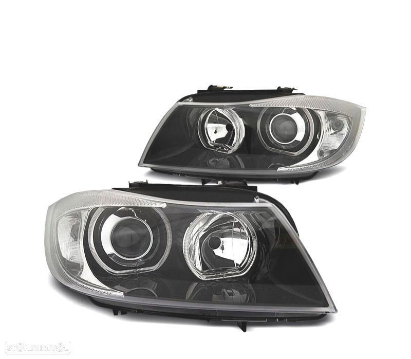 FARÓIS FRONTAIS BMW E90 E91 05-08 OLHOS DE ANJO LED CCFL FUNDO NEGRO - 1