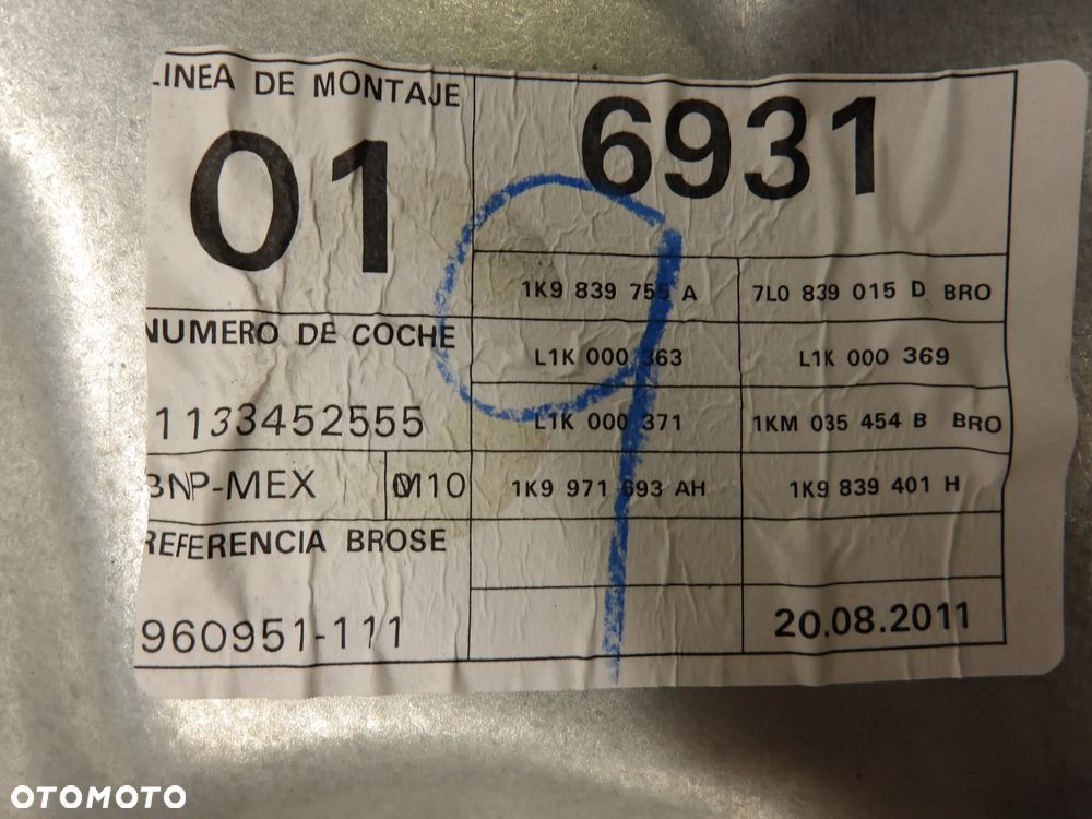 VW GOLF VI KOMBI 08-16 1.6 TDI MECHANIZM PODNOŚNIK SZYBY LEWY TYŁ 1K9839755A - 3