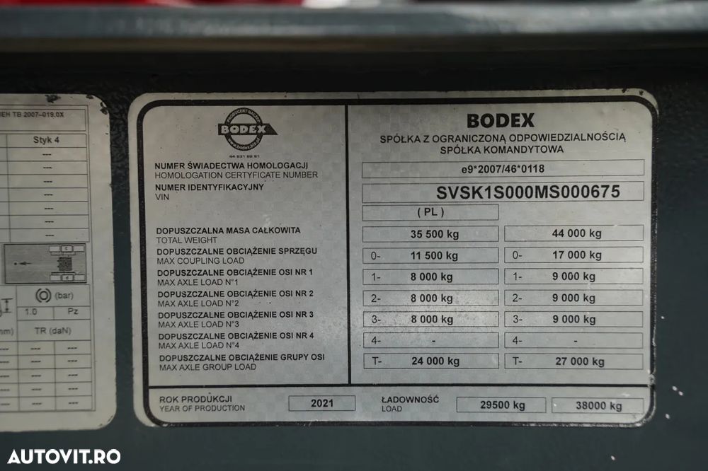 Bodex / SEMIREMORCĂ BASCULANTĂ - 42 m³ / ALUMINIU / AXĂ RIDICABILĂ / AXE SAF / UȘĂ SPATE / GREUTATE: 6.000 KG / - 24