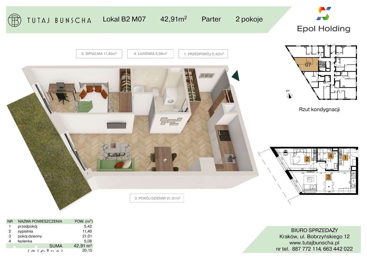 2-pokojowe mieszkanie 42 m2 + ogródek 20 m2, Bezpośrednio