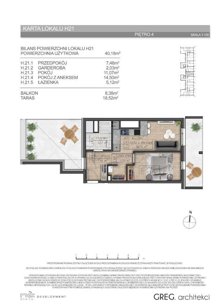 Osiedle Parkowe - 40m2 z tarasem i balkonem 4p H21