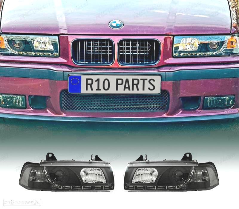 FARÓIS BMW E36 90-99 LUZ DIURNA FUNDO NEGRO - 1