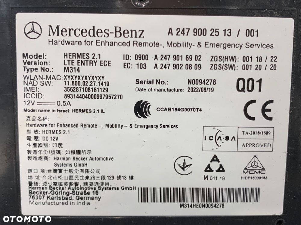 MODUŁ BLUETOOTH  MERCEDES-BENZ eSPRINTER Skrzynia (B910) 2020 - 2022 Electric (910.633) 85 kW [116 - 4