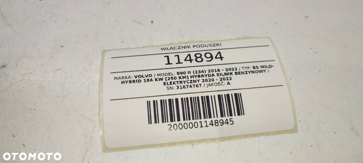 PRZEŁĄCZKIK WŁĄCZNIK AIRBAG PODUSZKI PASAŻERA VOLVO S90 II 31674767 - 5