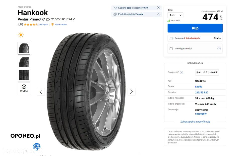 Hankook Ventus Prime3 215/55 R17 DOT 2025 – 4 szt. – tylko 200 km – np. VW T-Roc - 13