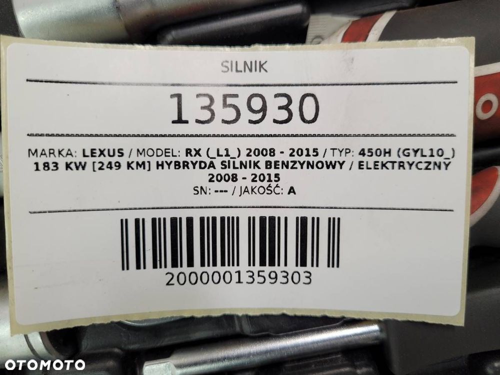 SILNIK KOMPLETNY X2GR-R62A 2GR-FXE 3.5 V6 HYBRID 249 LEXUS RX 450H III - 10