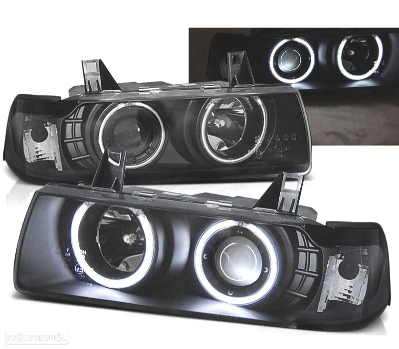 FARÓIS BMW E36 90-99 ANGEL EYES FUNDO PRETO - 1