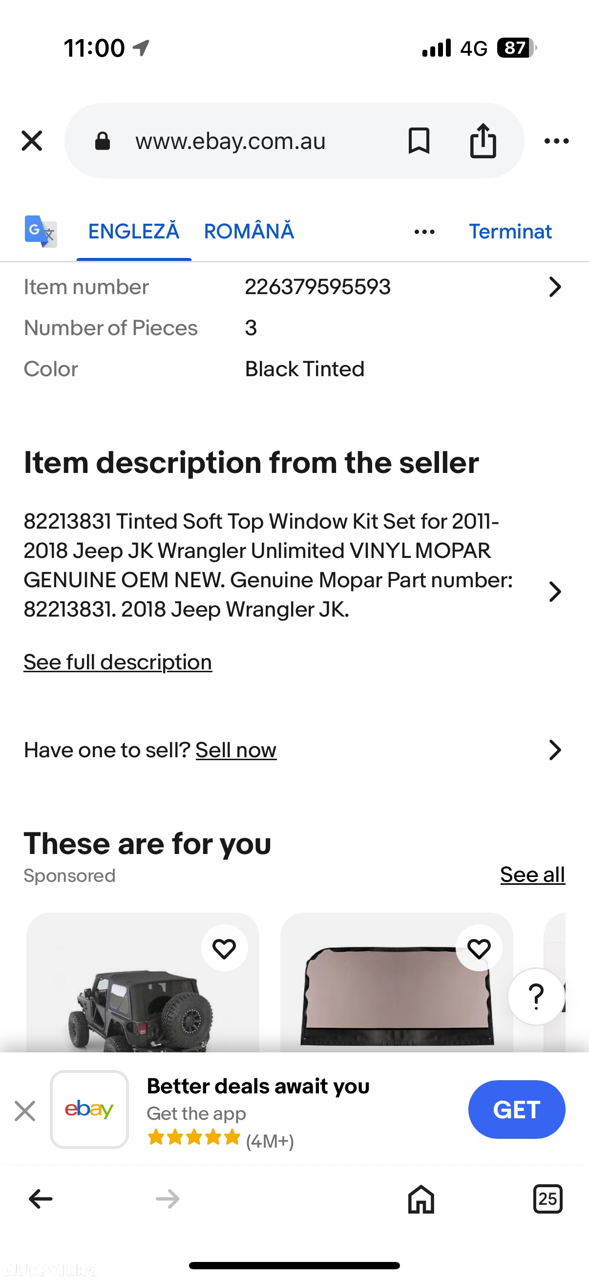 Soft top kit geamuri JEEP WRANGLER 4 usi an 2011-2018 cod 5SQ62SX9AB - 2
