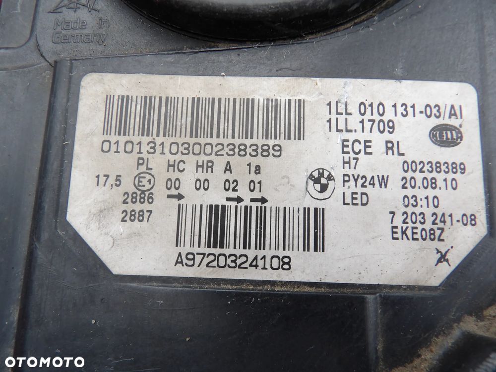BMW - F10 - H7 - LEWA LAMPA PRZEDNIA - USZELNIONA - POKLEJONE UCHWYTY - SPALONA KOSTKA - ZALANE GNIAZDO - UK - 7203241 - 10