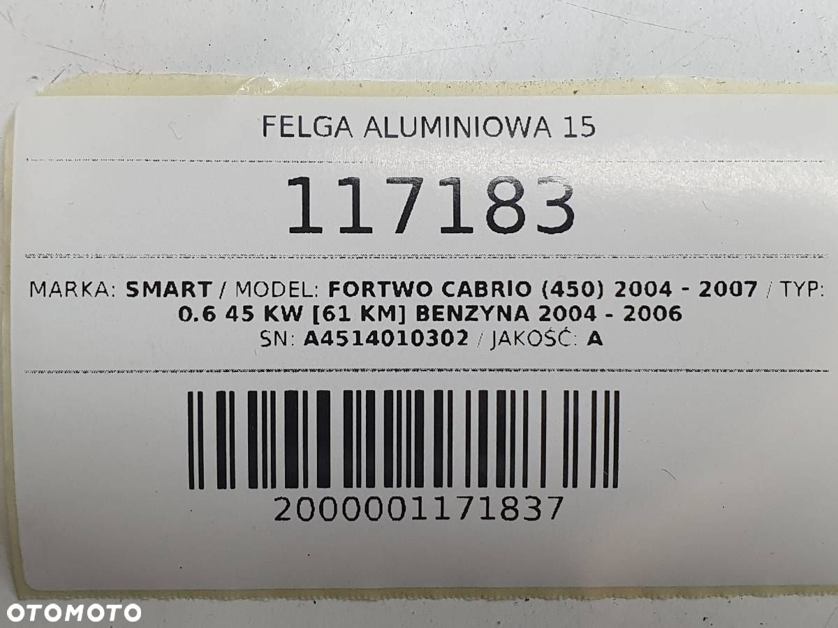 FELGA ALUMINIOWA 15 PRZÓD SMART FORTWO 450 451 3X112 5J ET34 A4514010302 - 10