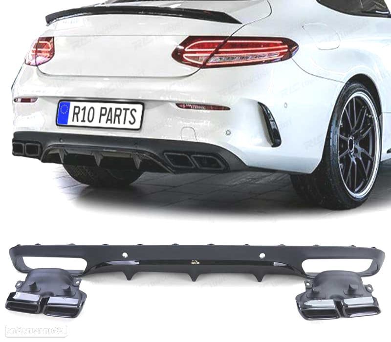 DIFUSOR MERCEDES CLASSE C C205 COUPÉ 15-18 LOOK AMG PDC PRETO + PONTEIRAS DE ESCAPE - 1