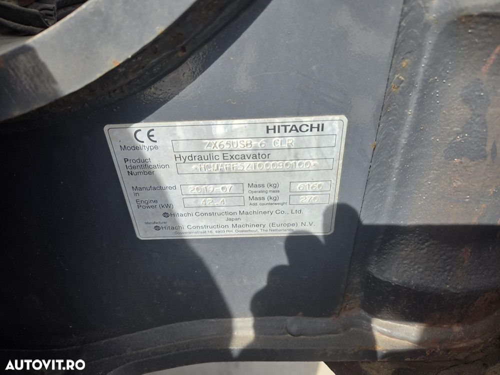 Hitachi ZX65USB-6, 2019, 2.006h, 6,5 TONE, CUPLA RAPIDA+2 CUPE EXCAVARE NOI+1 cupa taluz, inst picon pe brate, instal hidr rotire pe brate, LAMA NIVELARE, ad sapare 4,5m, ridica 4t, AC, posibilitate leasing-PROMOTIE 41900EUR+Tva - 25