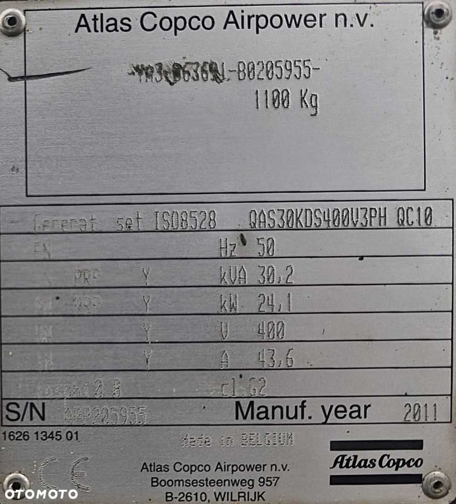 Atlas Copco QAS 30 KVA Agregat Generator wyciszony. Perfekcyjny stan! Silnik Kubota 4cylindry. Prądnica PARTNER Import Norwegia! Zadbana maszyna Serwisowana w DEKRA do końca - 8