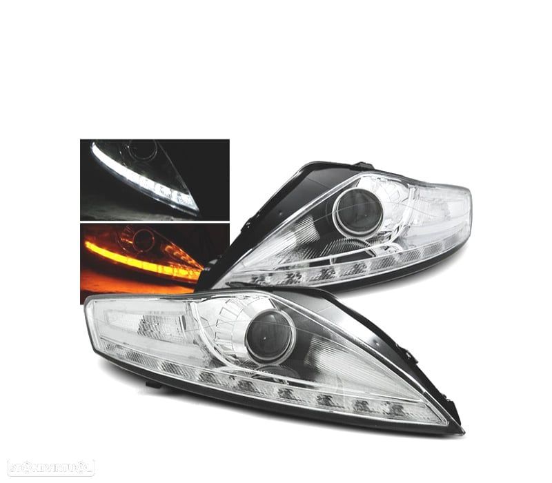 FARÓIS FRONTAIS FORD MONDEO MK4 07-10 LUZ DIURNA + PISCA LED FUNDO CROMADO - 1