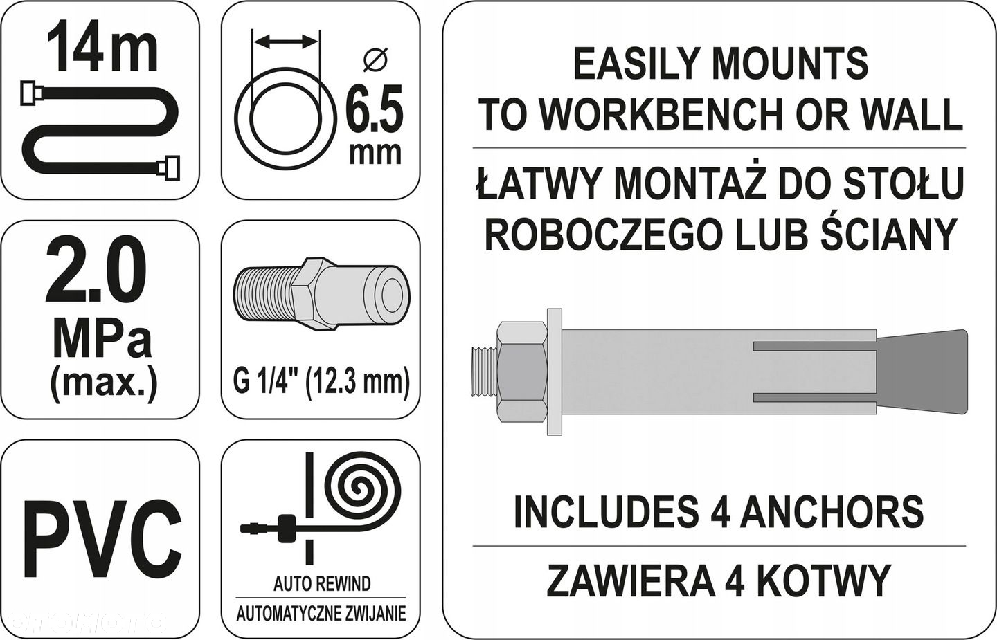 YATO WĄŻ PRZEWÓD PNEUMATYCZNY NA ZWIJAKU AUTOMATYCZNYM BĘBEN ZWIJANY 14m - 5