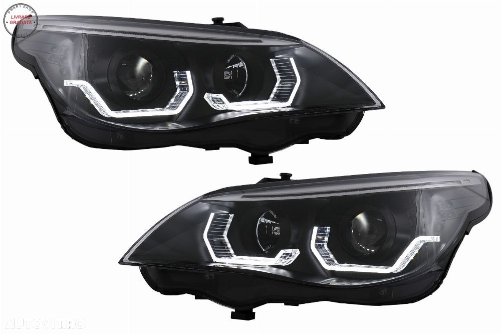 Faruri 3D LED Angel Eyes BMW Seria 5 E60 E61 (2003-2007) LCI Design Negru- livrare gratuita - 1
