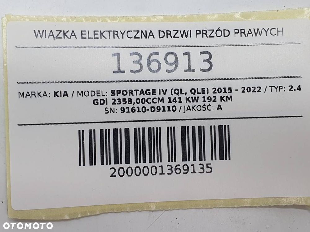 WIĄZKA ELEKTRYCZNA DRZWI PRZÓD PRAWA KIA SPORTAGE IV 91610-D9110 - 7