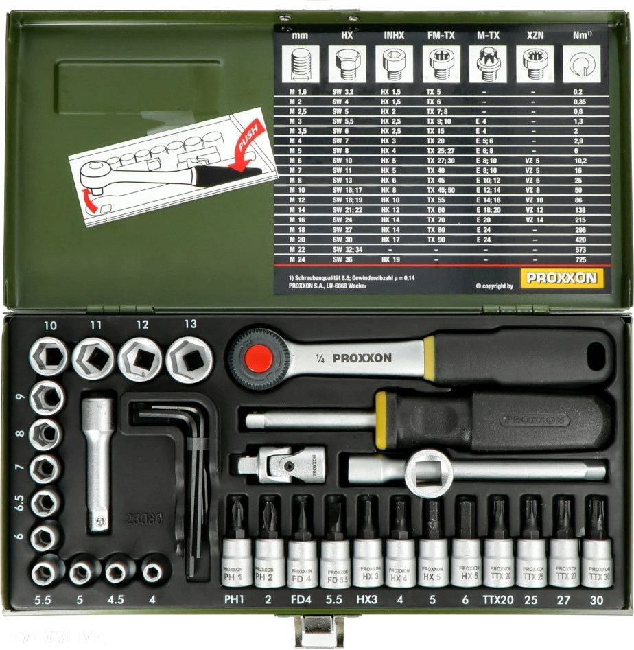 PROXXON ZESTAW DLA MECHANIKÓW Z GRZECHOTKĄ 1/4 CALA 36 CZĘŚCI PR23080 - 2