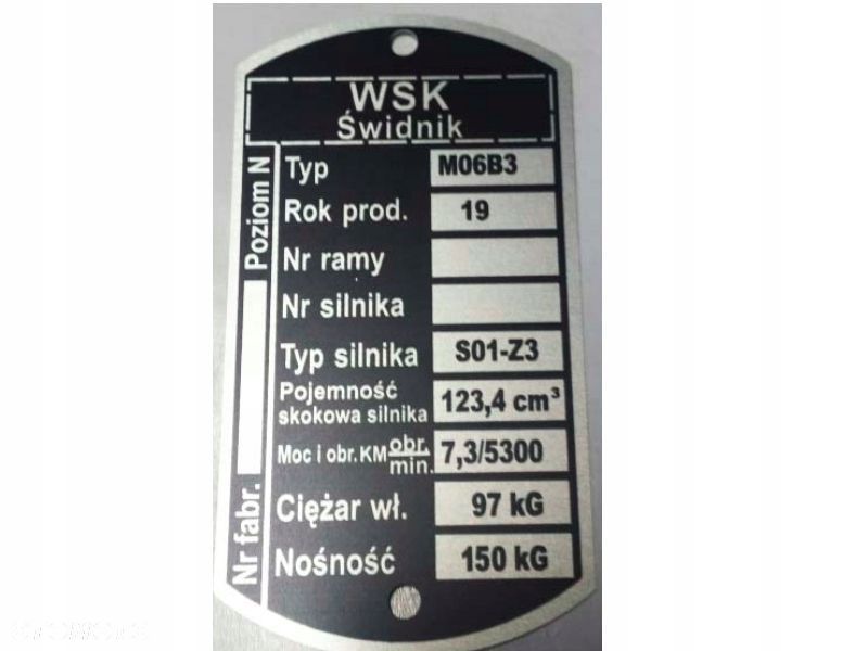TABLICZKA ZNAMIONOWA WSK 125 M06-B3 S01-Z3 97KG 150KG - 1