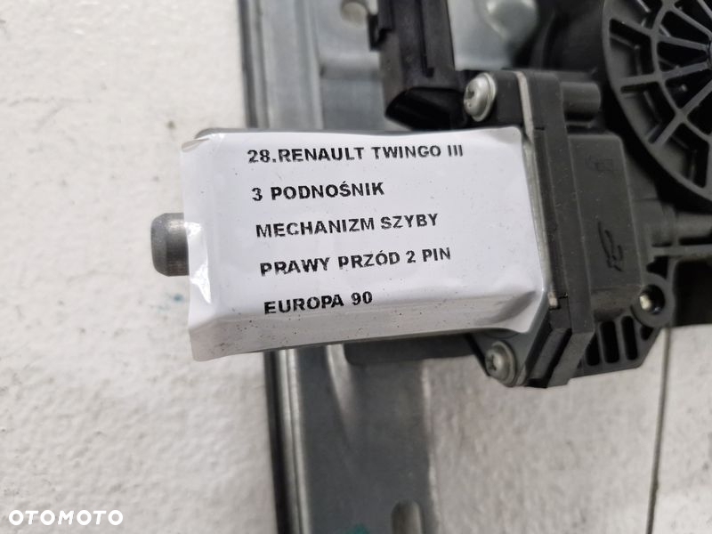 RENAULT TWINGO III PODNOŚNIK MECHANIZM SZYBY PRAWY PRZÓD SILNICZEK 2 PIN EUROPA - 3