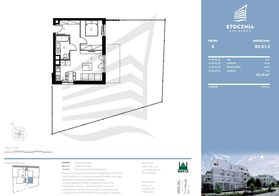 Mieszkanie 43,21 m2 + ogródek | Stocznia Residence