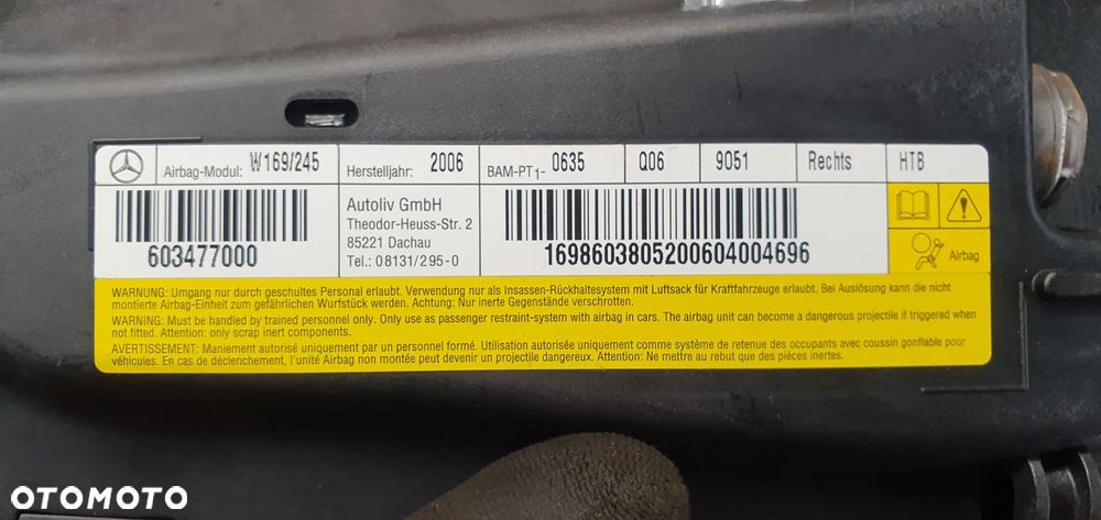 Poduszka fotela pasażera prawa AIRBAG Mercedes W169 W245 1698603805 - 5