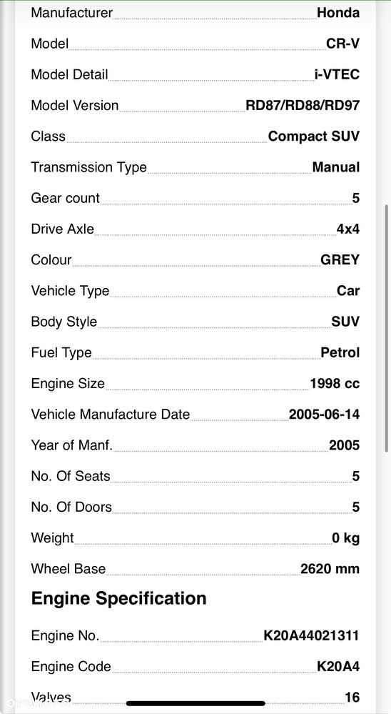 Silnik Honda CRV CR-v Silnik kompletny Honda CRV 2.0 16V K20A4 2005 - 10