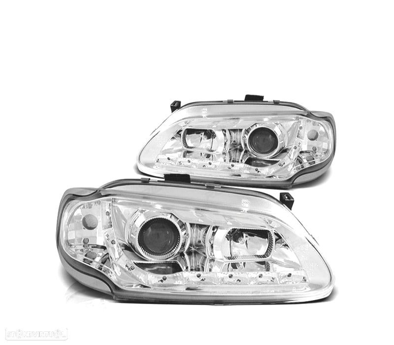 FARÓIS COM LUZ DIURNA LED RENAULT MEGANE 96-99 FUNDO CROMADO - 1
