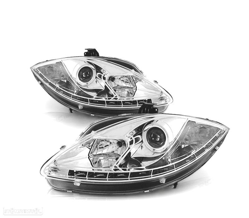 FARÓIS FRONTAIS LUZ DIURNA LED PARA SEAT LEON 1P ALTEA TOLEDO 5P 04-09 FUNDO CROMADO - 1