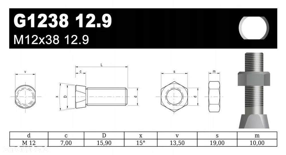 ŚRUBA PŁUŻNA KONUSOWA G1237 G1238 M12x38 12.9 - 2