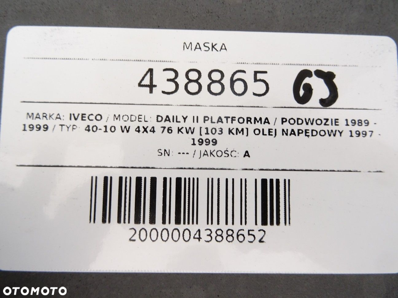 MASKA - 173.00 PLN - IVECO DAILY II Platforma / podwozie 1989 - 1999 40-10 W 4x4 76 kW [103 KM] olej - 8