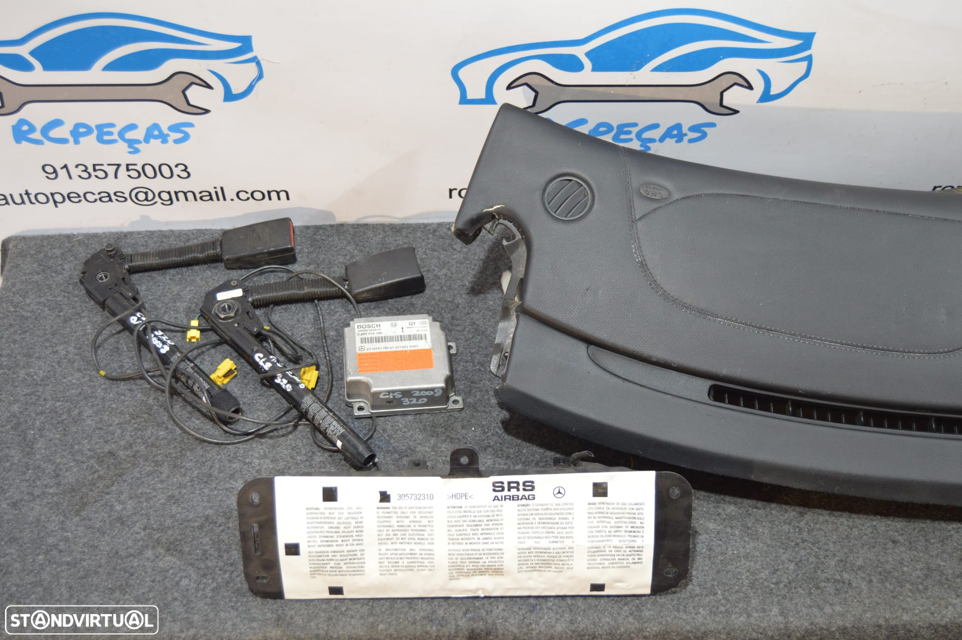 FRENTE INTERIOR TABLIER KIT AIRBAG AIRBAGS CENTRALINA VOLANTE GUIADOR PASSAGEIRO CINTO CINTOS PRÉ-TENSORES MERCEDES BENZ 0285010146 A2196802387 2196802387 305732310 MERCEDES BENZ CLS 320 C219 W219 - 9