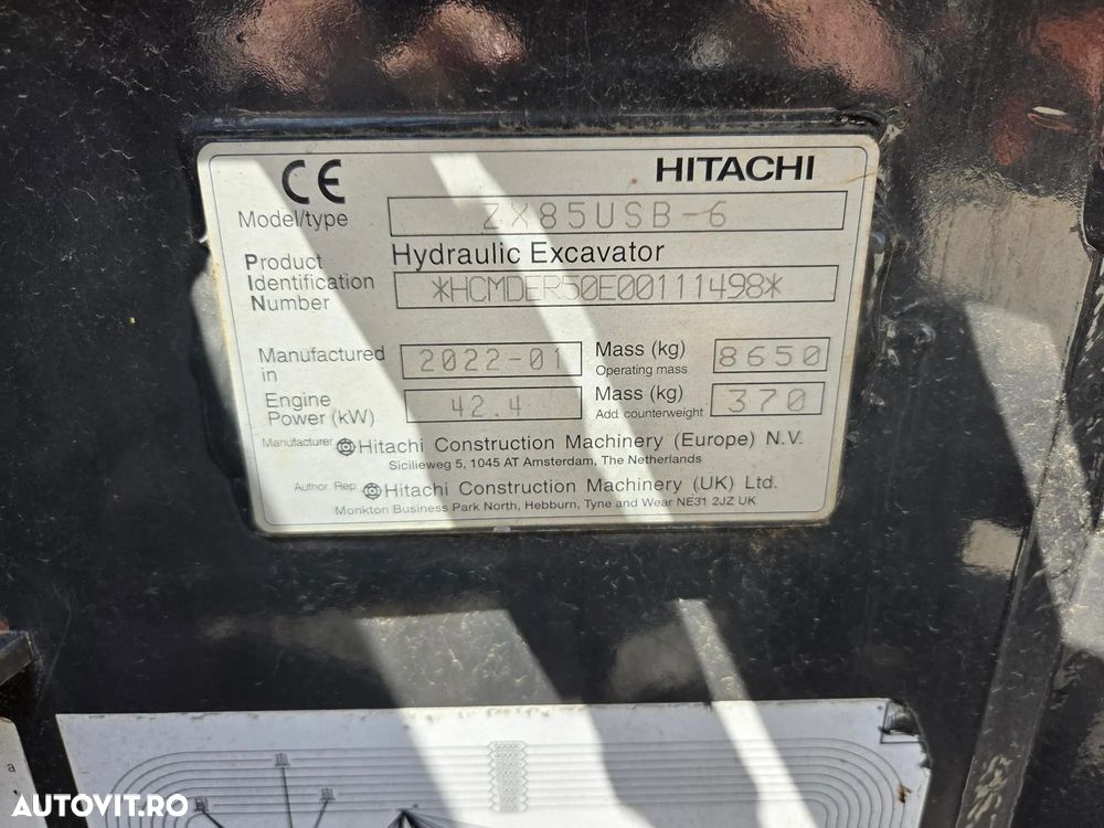 Hitachi ZX85-6, 2022, 2.491h, Masa operationala 8,6t, cupla rapida HIDRAULICA+3 CUPE NOI, senile paduri cauciuc, inst picon si inst rotire pe brate, ad sapare 5m, ridica 3,8t, aer cond, LAMA, STARE FOARTE BUNA, posibil leasing 4 ani-PROMOTIE 62.900 EUR+Tva - 26