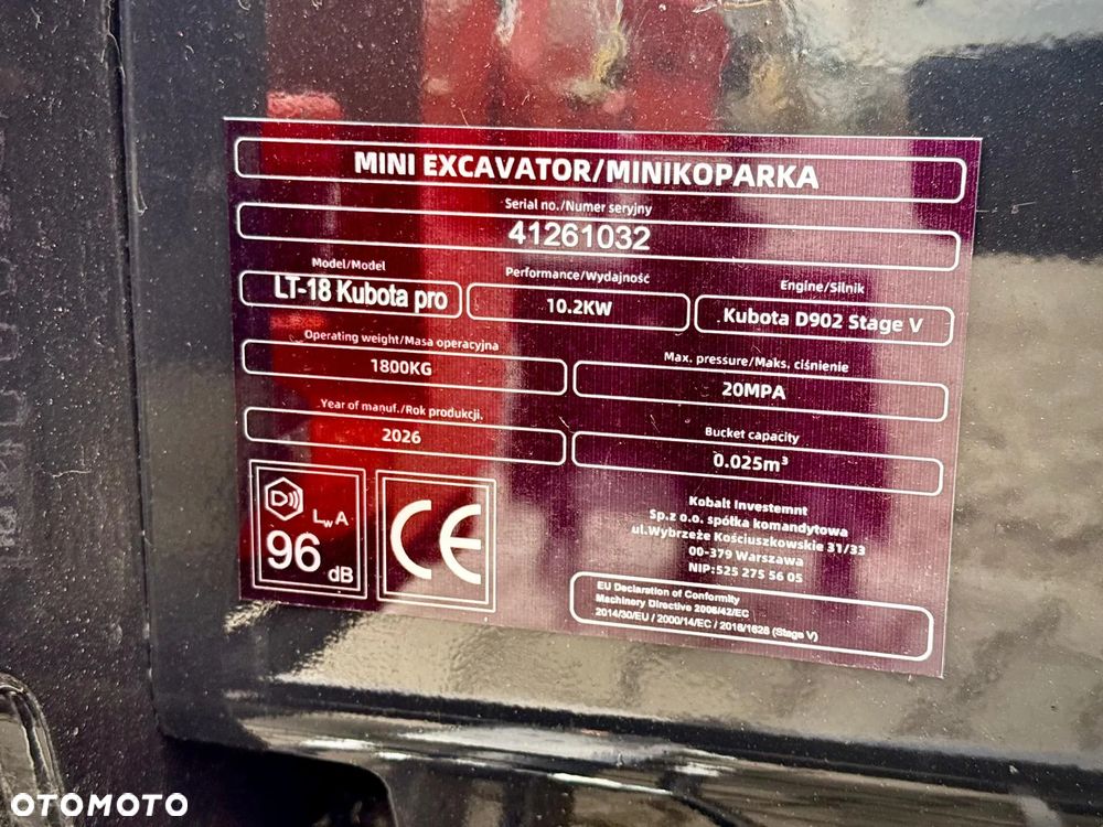 Inny **NOWA Minikoparka LT-18 Pro / LT-18 Pro KUBOTA | Kabina | Kubota D902 | Laidong | 1,8T** - 8