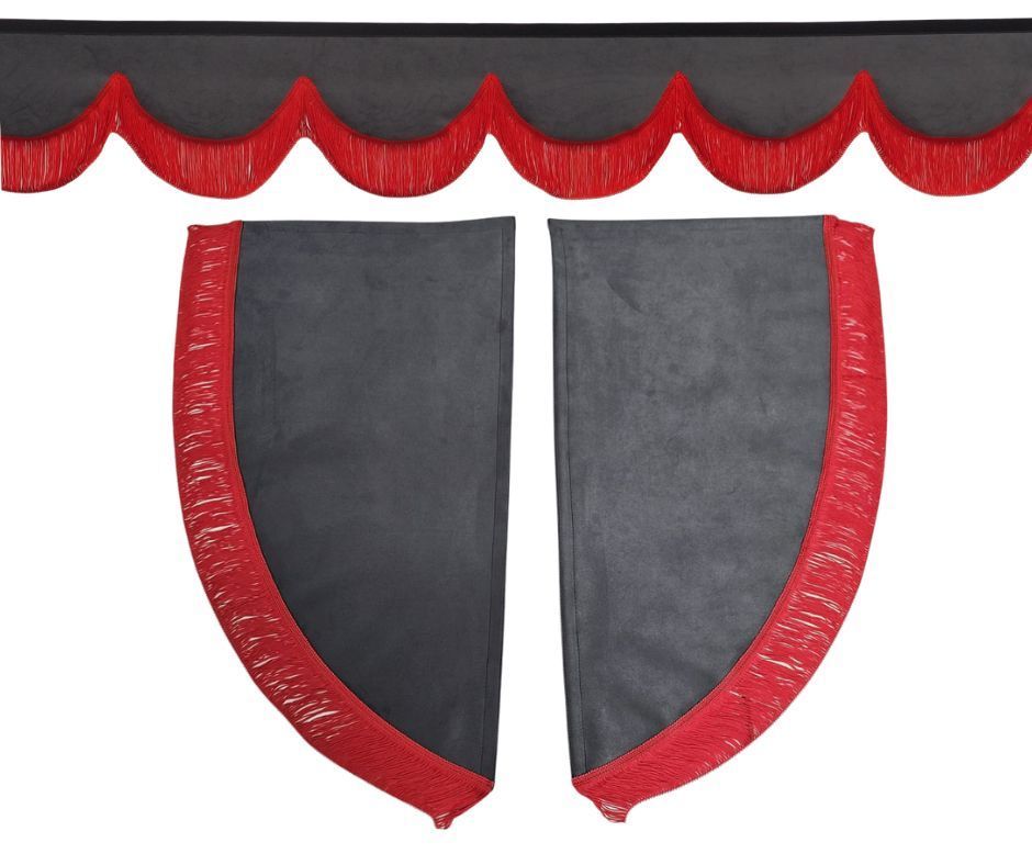 ZASŁONY BOCZNE + FALBANA TIR - materiał: NUBUCK- Grafit +  Frędzle Czerwone - 1