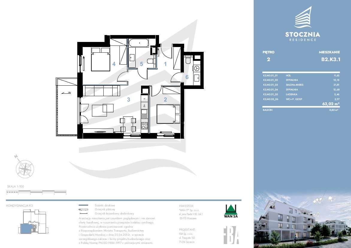Mieszkanie 63,02 m2 + balkon | Stocznia Residence