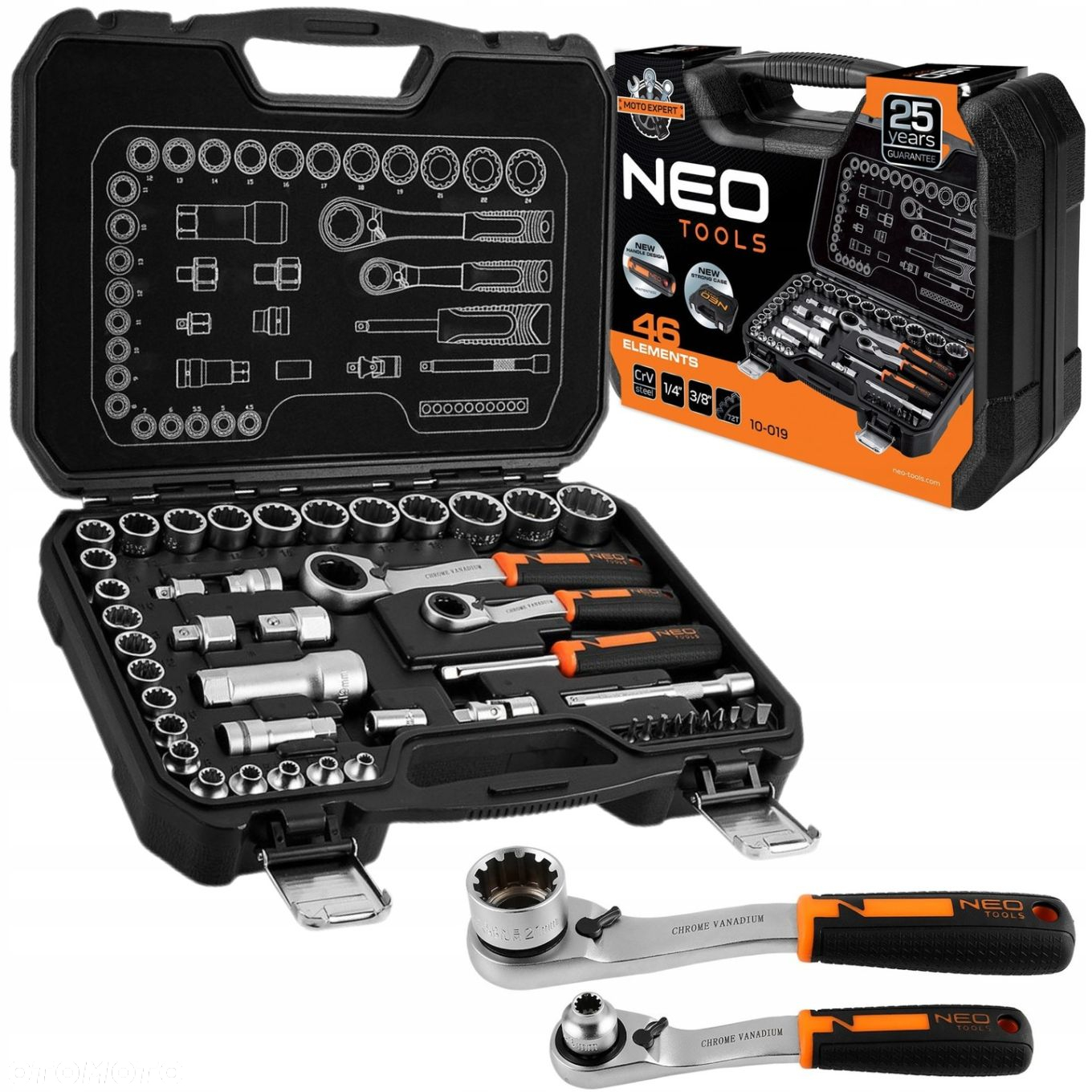 NEO ZESTAW NASADEK PRZELOTOWYCH 1/4"  3/8" 46 SZT KLUCZE NASADOWE 10-019 - 14