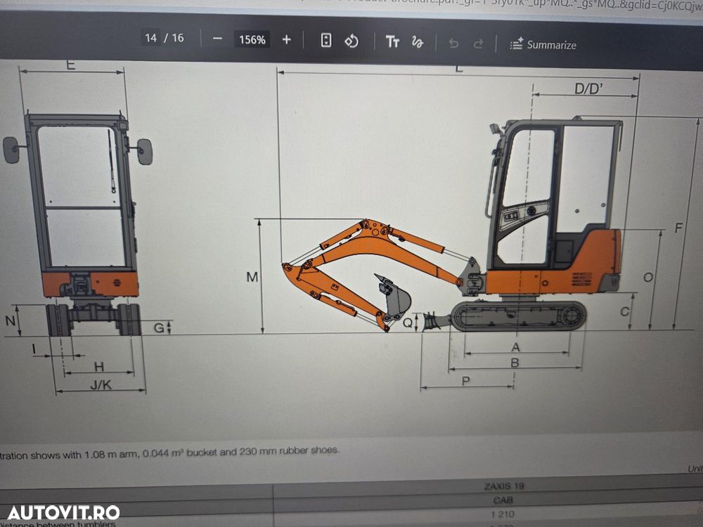 Hitachi ZX19-6, 2 TONE, 2022, 1.056 ore, CUPLA RAPIDA+4 CUPE, adancime sapare 2,8m, ridica 1,3t, latime 0,8m cu senile extensibile la 1,2m, inst picon pe brate, produs in JAPONIA, posibilitate leasing 4 ani-PROMOTIE 20.900 Eur+Tva - 37