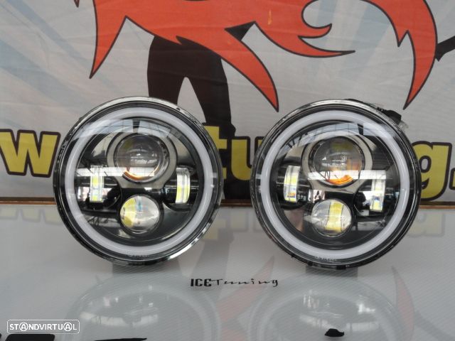 Faróis FULL LED CREE de 7 polegadas com médios, maximos, Angel eyes e pisca em led fundo preto, compatíveis com Hummer, Jeep Wrangler JK TJ LJ, Land Rover Defender, Mercedes classe G W463, Nissan, Suzuki, veículos 4x4, Harley Davidson.