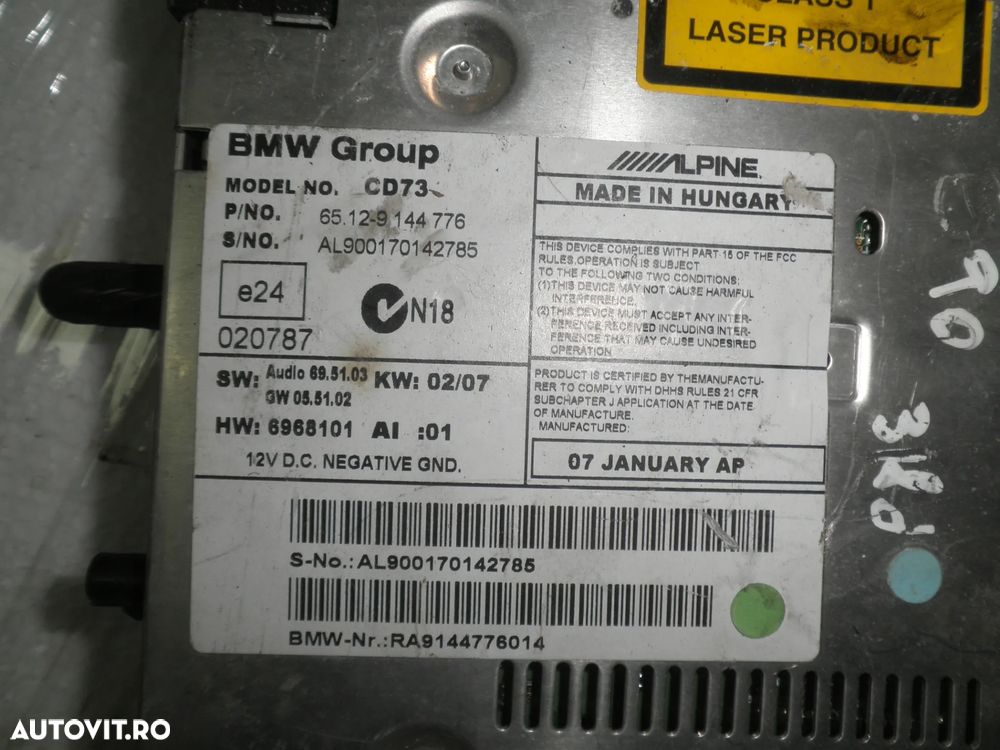 Radio CD BMW Seria 3 E90 E91 E92 65129144776 9144776 6975013 - 3