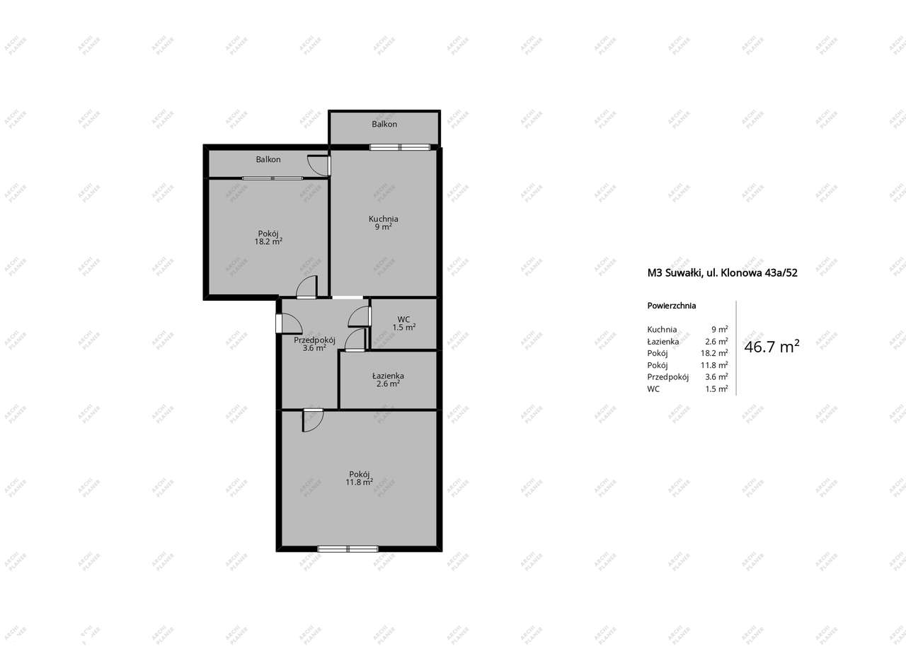 Mieszkanie M3 do własnej aranżacji 46,76m2, Suwałki, ul. Klonowa 43a