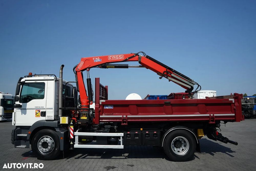 MAN TGM 18.340 / 4X2 / BASCĂLĂTOR 3 DIRECȚII / HIDRODOXIE LATERALĂ / BORDMATIC + HDS FASSI F165.0.22 / ROTATOR / GRAPER / TELECOMANDĂ / EURO - 11